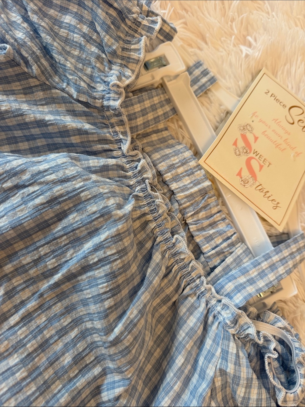 Girls Two Piece Summer Pants and Top Blue Gingham - Vacation Set Size 12/14 NWT
